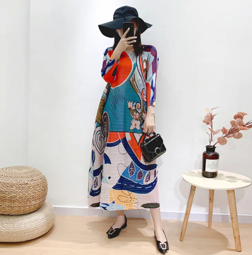 Popular Miyake Large Size Printing Temperament Pleated Skirt Female Dress