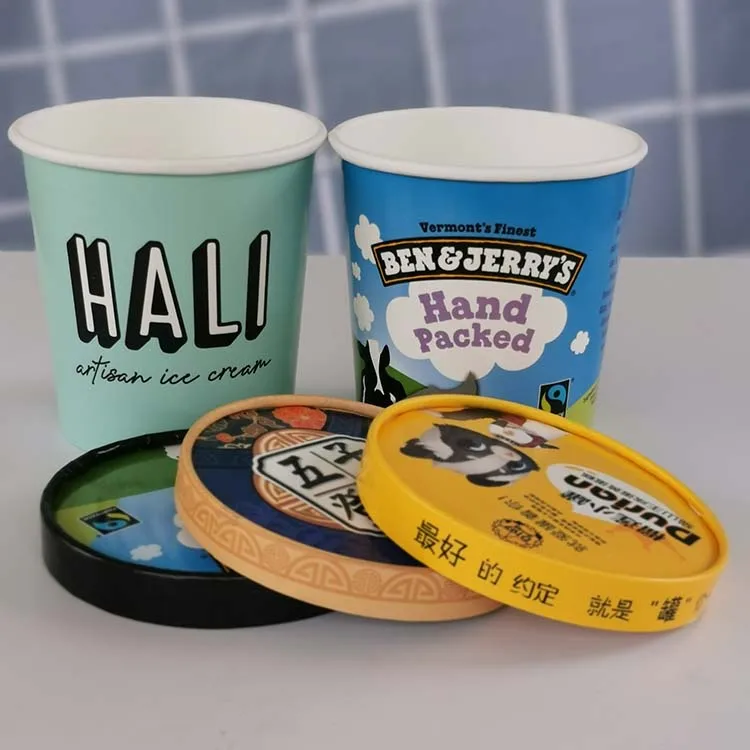 Disposable Biodegradable Custom logo Container 16oz 500ml Ice Cream Paper Cups with Lid