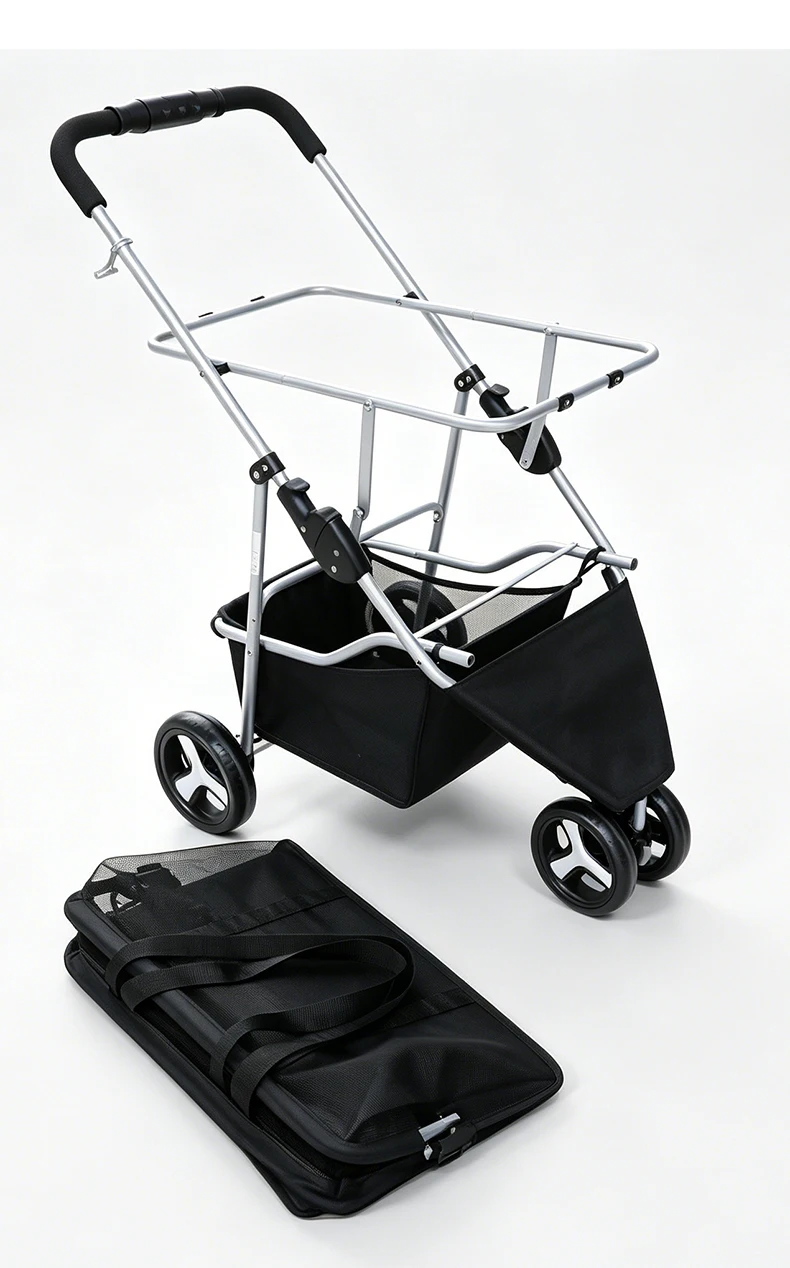 product new 3 wheel double layer pet stroller one click fold detachable hand pull cart multifunctional outdoor shopping grocery basket-9