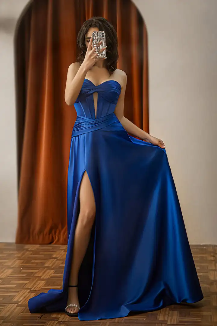 Sparkly Royal Blue Mermaid Sweetheart Corset Strapless Satin Long Prom  Dress With Keyhole