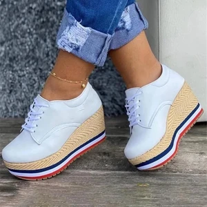 Fashion Trendy Womens Ladies Wedge Thick Bottom Shoes Lace-Up Comfortable Platform Height Increasing Sneakers Women Shoes
