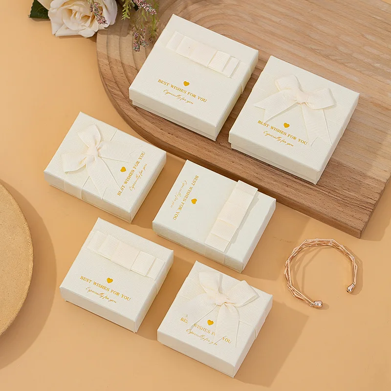 A1 Factory Stock Square Beige Bow Jewelry Packaging Box for Rings Earrings Necklaces Bracelets Gift Box Wholesale