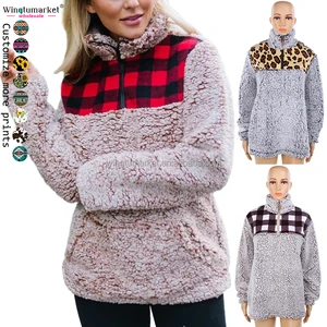 Wholesale Fleece Sweatshirts Red Bufflo Plaid Fur Tops Leopard Long Sleeve Half Zip Sherpa Jacket Pullover Sweatshirt for Women