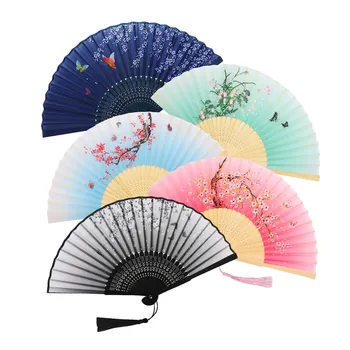 BSBH Bamboo Folding Chinese Hand Fan Vintage Style Silk Chinese Traditional Hand Fan Flower Pattern Hand Fan Bamboo Wit Tassel