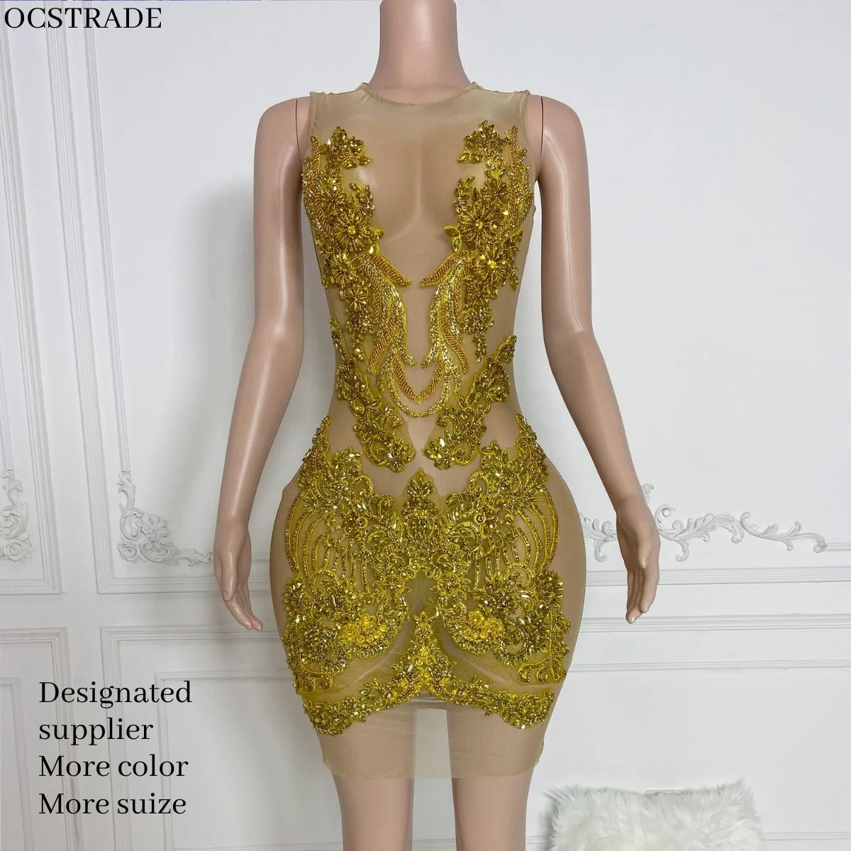 Ocstrade in Stock Sleeveless Bling Gold Applique Rhinestone Sexy Club Party Dress Birthday Dress for Curvy Women Ocstrade in Stock Sleeveless Bling Gold Applique Rhinestone Sexy Club Party Dress Birthday Dress for Curvy Women