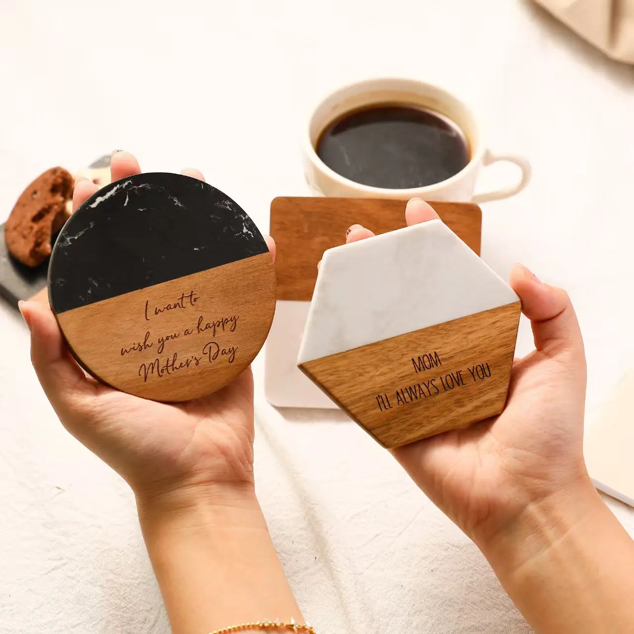 Marble Acacia Wood Heat Resistant Coffee & Tea Coaster Customizable Logo preview 3