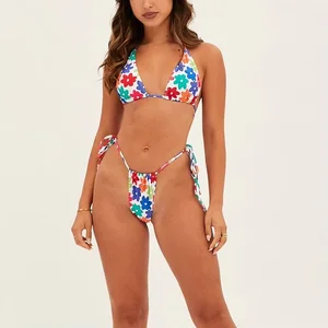 Women's Halter Colorful Floral Print Triangle Bikini Set Two Piece Quick Dry Breathable Removable Padded V-String Beachwear