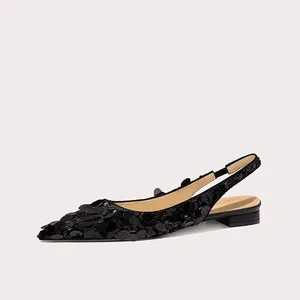 Women's New Fashion Sequin Glitter Sandals for Ladies Black Straps Pointed Toe Daily Women Sandals