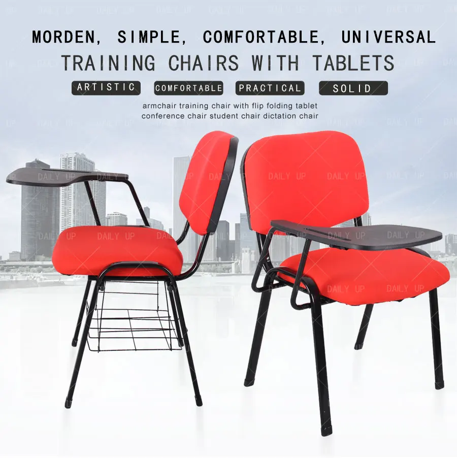 Stackable Padded Training Chair With Tablet Metal Frame Upholstered Student Study Chair With Book Net For Meeting And Conference