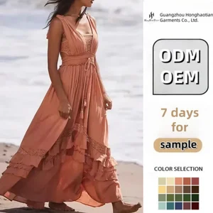 ODM Custom Clothing Manufacturers Casual Linen Summer Dresses Women Cotton Long Linen Dress Ladies Elegant Printed Linen Dress