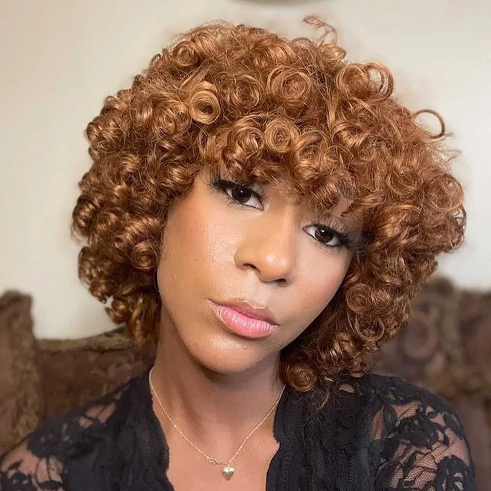 Perruque Courte Afro Bouclée Cheveux Humains - Brun Avec Frange - Taille Moyenne - Neuf Sans étiquettes
