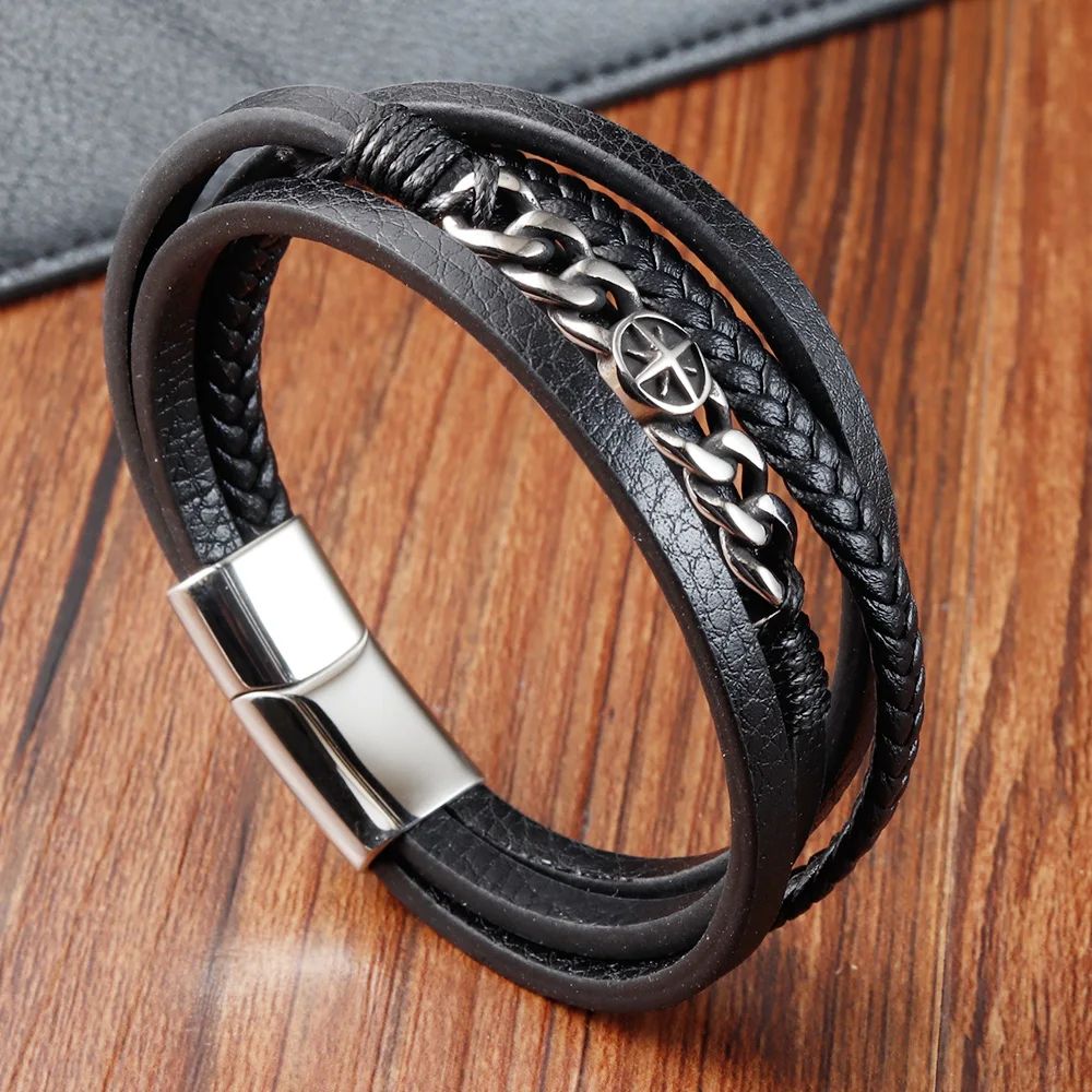 OEM/ODM Black Leather Bracelet for Men - Stainless Steel Magnetic