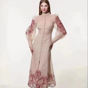 2026F/W Top Trend Women's Luxury Design Classic Embroidery Mesh Hollow Flower High Collar Bubble Long Sleeve A-line Length Dress