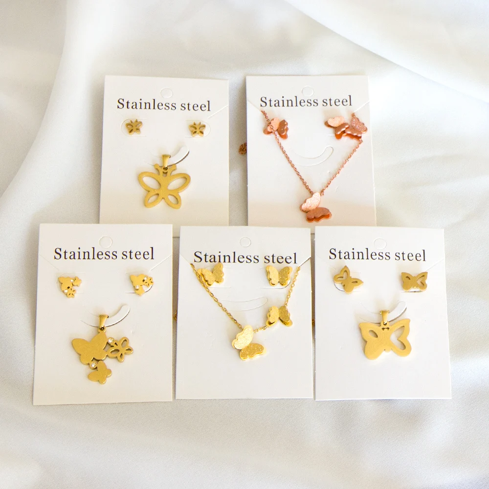 Conjunto de joyería de acero inoxidable con forma de mariposa, colgante,  collar, pendientes, chapado en oro de 18K, venta al por mayor