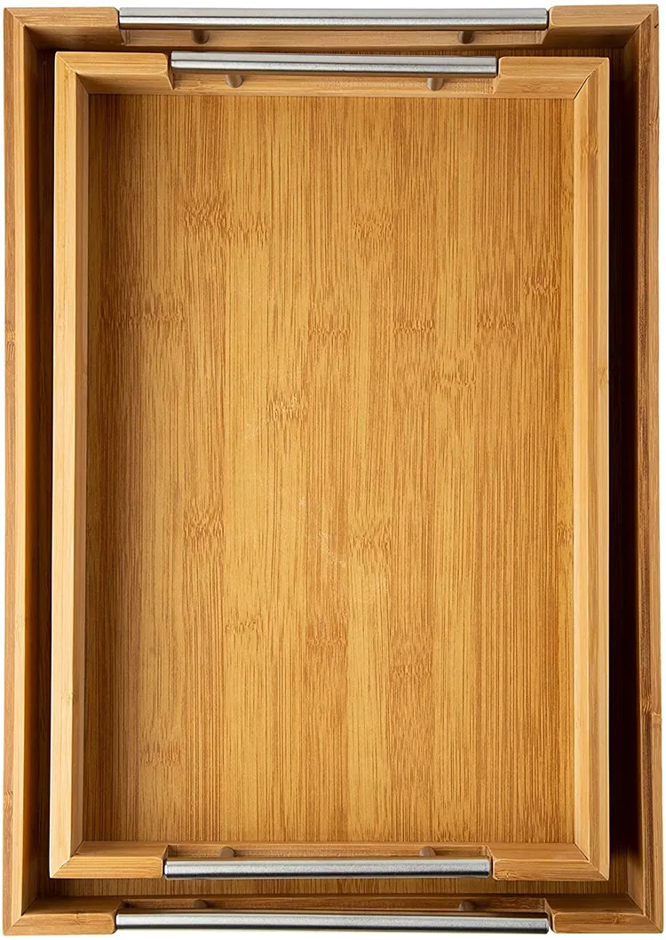 Bamboo Handmade Wood rectangular Serving Tray with metal handle