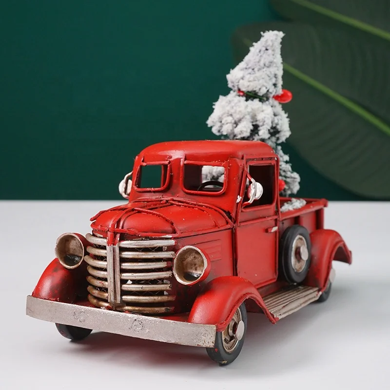 Camion Rouge De Noël Avec Sapins - Décoration Vintage En Métal, 17x8x8 Cm