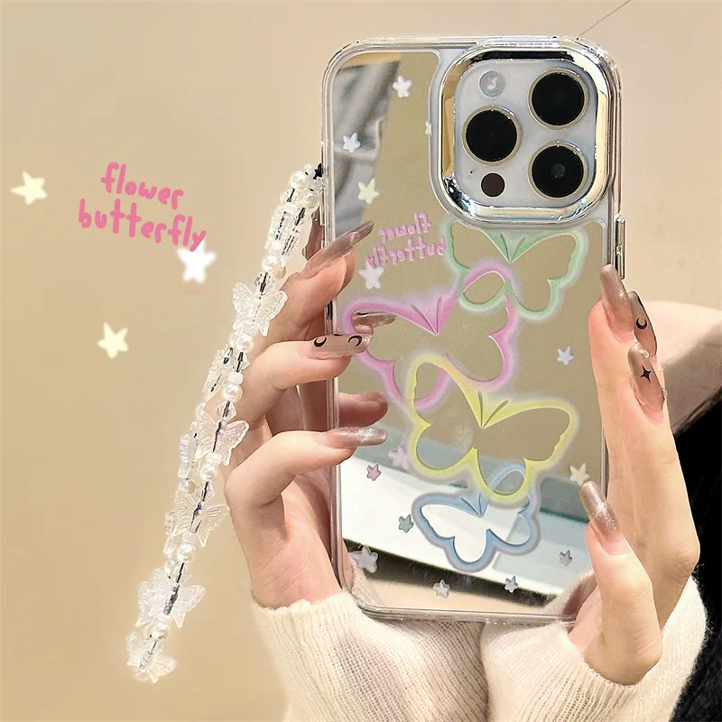 Hot selling bow love star moon pattern mirror phone case with pearl bracelet supplier