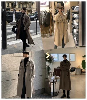 Korean style Spring Trench Coat Male Streetwear Windbreaker Trenchcoat Men Solid Business Casual Loose Long Overcoat