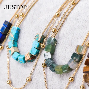 French Designer Dainty Natural Faceted Gemstone Pendant Stainless Steel Double Layer Chain Necklace Jewelry