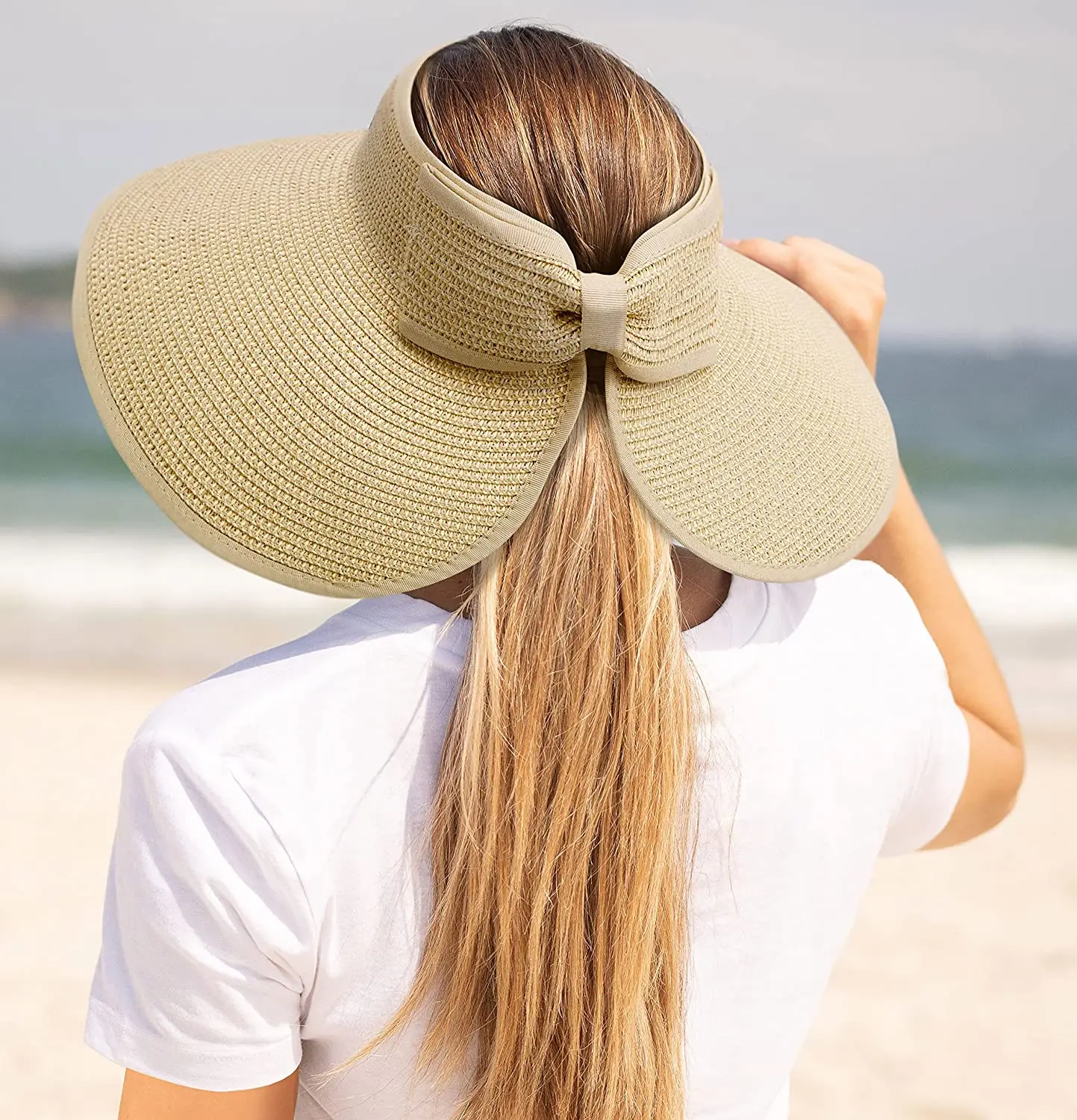 Summer Roll Up Sun Visors Hat For Women Wide Brim Straw Bowknot Women