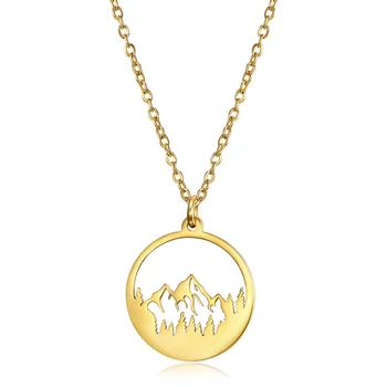 Wholesale Customiz Logo Hollow Out 18K Gold Plated 316L Stainless Steel Range Bezel Forest Snow Mountain Pendant Necklace