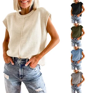 Women's Sleeveless Knit Vest Crew Neck Cap Sleeve Pullover Tank Tops Casual Loose Fit Breathable Solid Pattern Sweater Summer