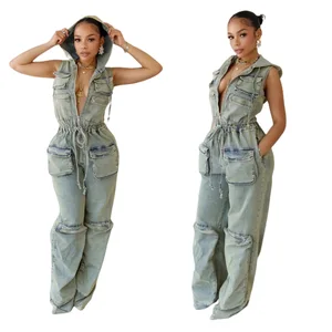 JY MZ88582 Summer New Women's Denim Rompers Hooded Sleeveless Pockets Drawstring Casual Jumpsuits Plus Size Jumpsuit Women