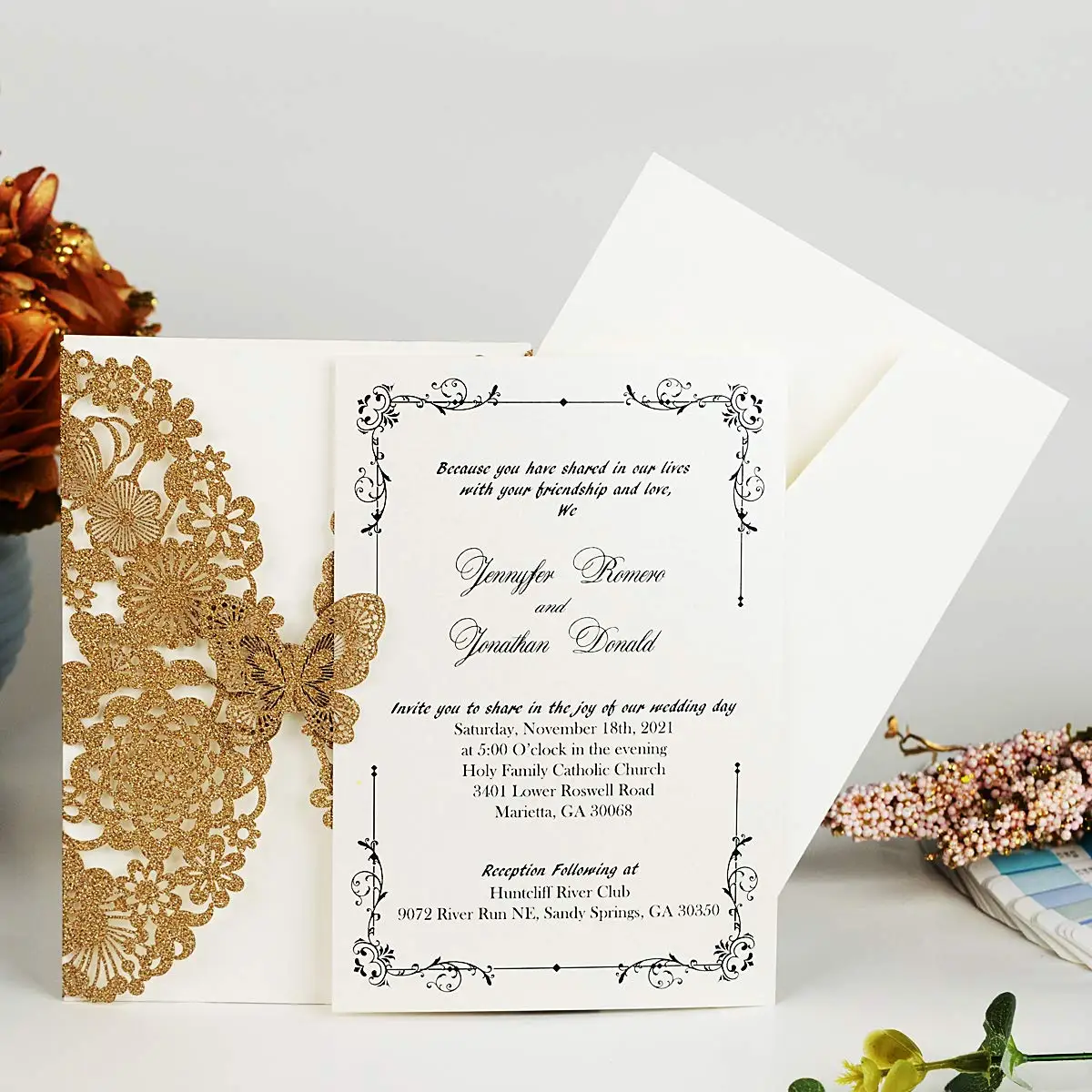 Горячая Распродажа Золотой блестящий бабочка в твердом переплете Роскошная лазерная резка на заказ свадебное приглашение