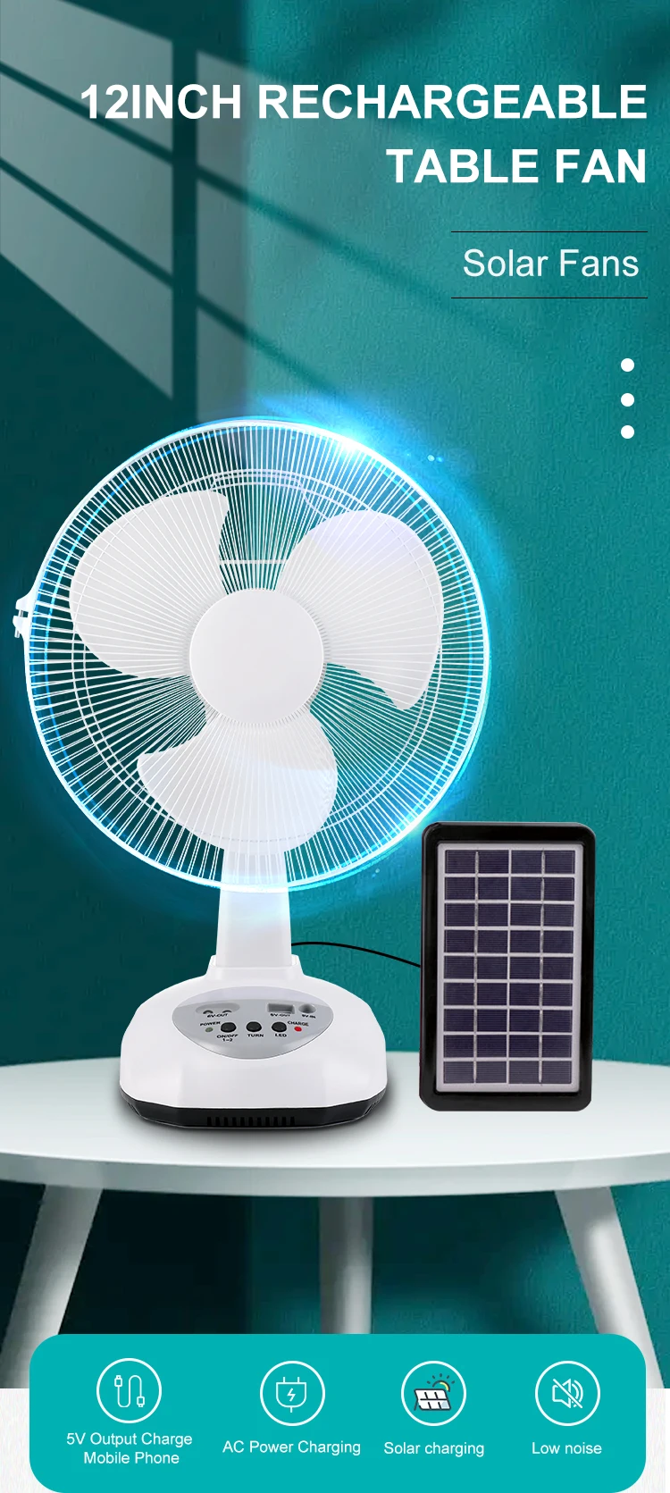 Amazon Hot Solar Desk Fan Ac/dc 12inch Rechargeable Floor Fan Solar
