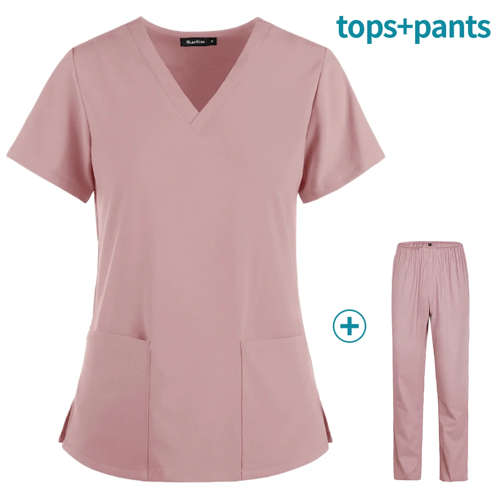 Медицинская униформа для женщин, эластичная одежда с 2 карманами, CVC, топ и штаны для медсестер, комплекты медицинских принадлежностей, унисекс
