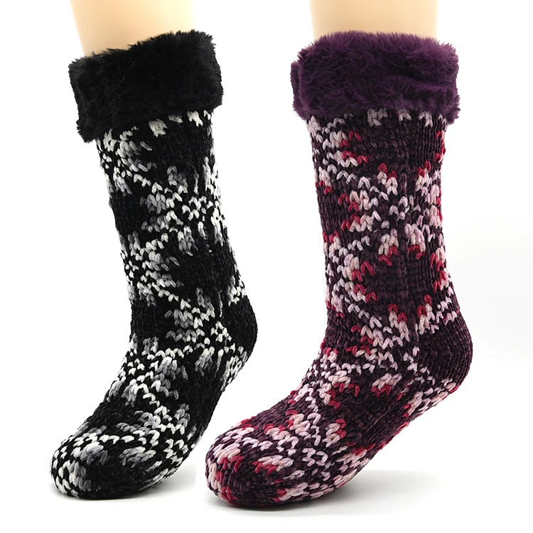 new womens purple fuzzy sherpa christmas holiday snowflake slipper socks 