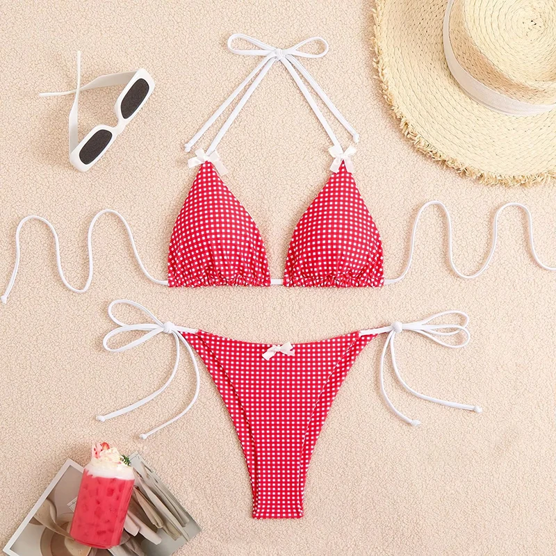 Wholesale Custom Bikinis for Women 4 Color Options Spandex Plaid Pattern Women Bikini Swimwear