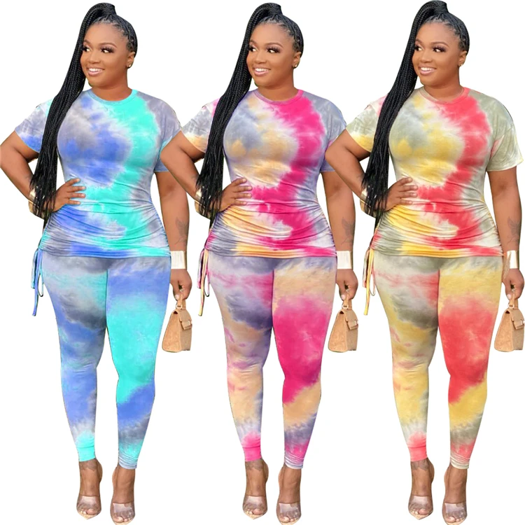 Casual Ladies Outfits Printed T-shirt Long Pants Plus Size Summer Women 2 Piece Set