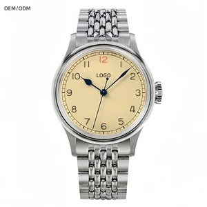 OEM Custom Logo Vintage Pilot Men Watches NH35 Simple Light Yellow Stainless Steel Automatic Mechanical Dress Wristwatch