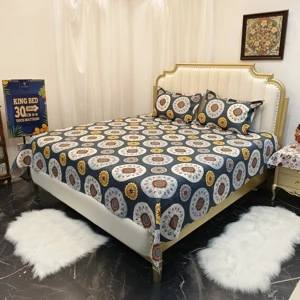 Printed Floral Cotton King Size Bed Sheet Set 3 Pcs Bedding Set Drap Set Fitted Sheet and Two Pillowcases for Bedroom Decor