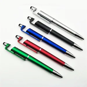 Promotional Gift Customized Logo Printing Blue Plastic Ball Pen With Touch Screen and Mobile Phone Holder
