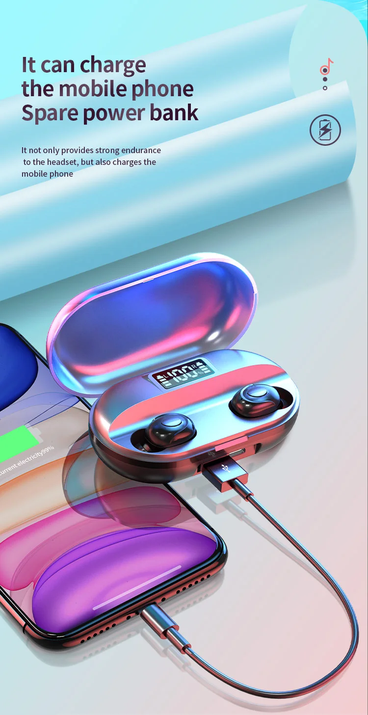 1500mah Power Bank with TWS T2 Earbuds High-End Sound