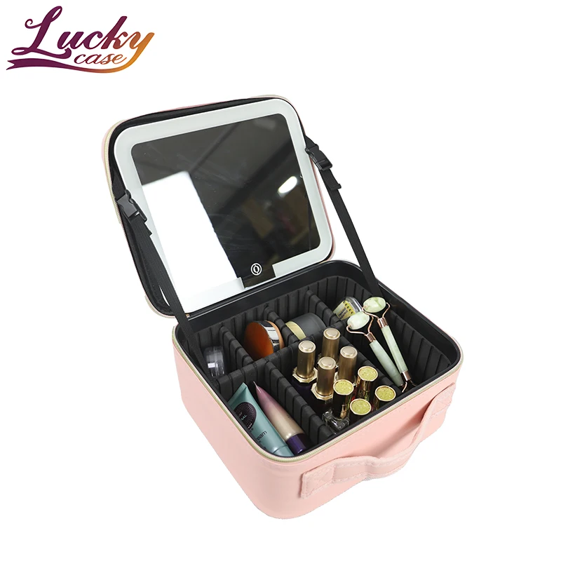 Pu Makeup Bag With Led Mirror Lighted Make Up Travel Bag With Dividers ...