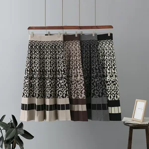 Autumn Winter New Casual Retro Leopard Print Plain Dyed Breathable Knitted A-line Pleated Skirt for Women