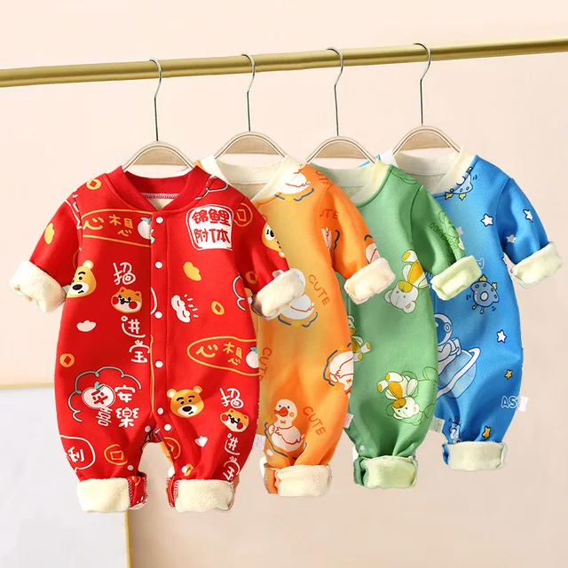 Baby jumpsuit plus velvet newborn clothes baby boys and girls autumn outfits autumn and winter children's one-piece pajamas