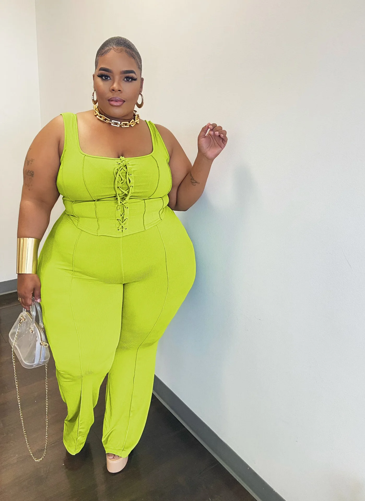 Bh842 Women's Plus Size Solid Color Thread Vest Casual Two Piece Set ...