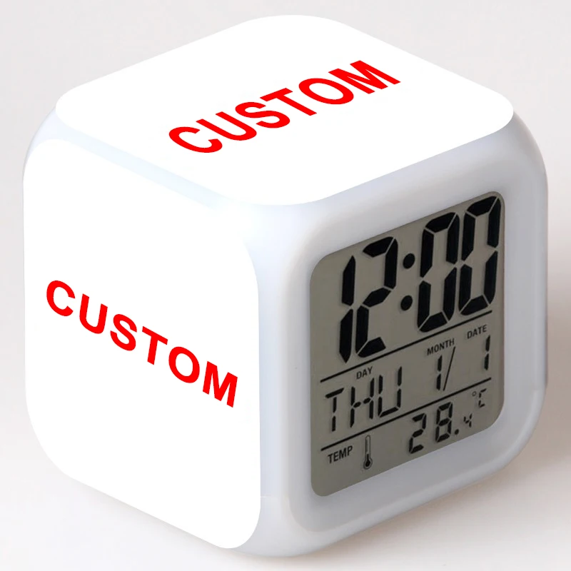 EMAF Professional Sublimation Blanks Custom Logo Plastic Cube LED Color Change Digital Alarm Clock Kids Cartoon Pattern Clock