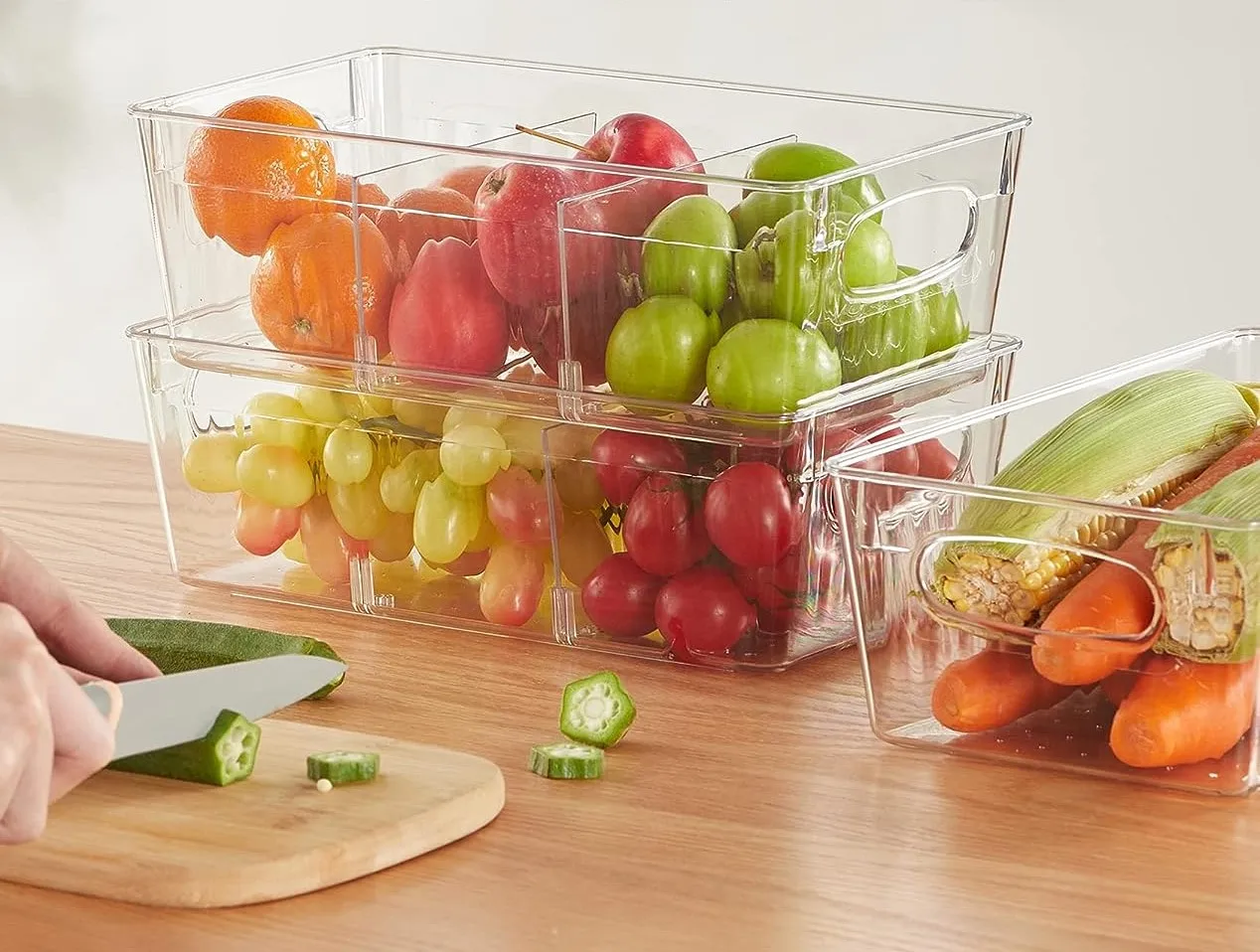 Clear Stackable Food Organizer Bins with Handles Removable Dividers for Pantry Organization and Storage