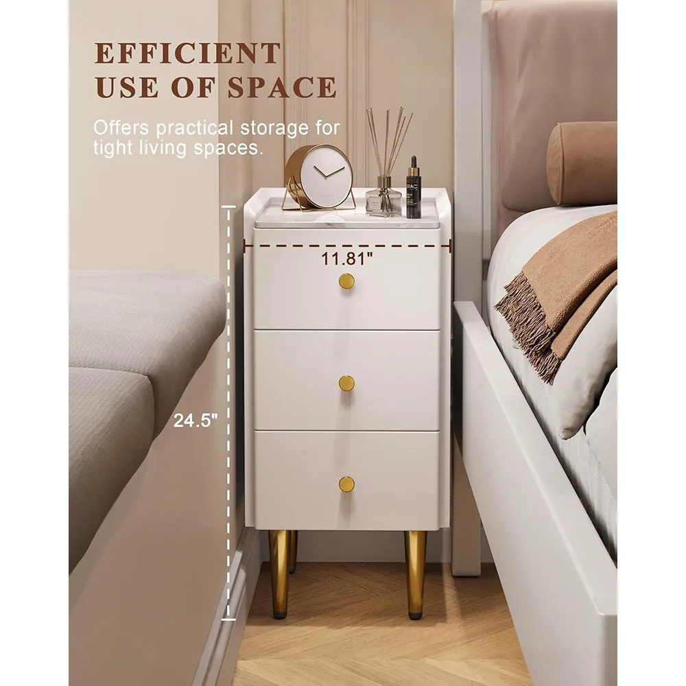 Modern Minimalist 3-Drawer Narrow Nightstand Small White Gold Bedside Table for Small Spaces for Bedroom Furniture factory