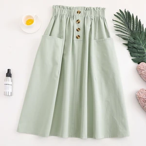 Women's Elegant Korean-Style A-Line Midi Skirt Spring Casual Solid High Waist with Button Pocket Anti-Static Empire Waistline