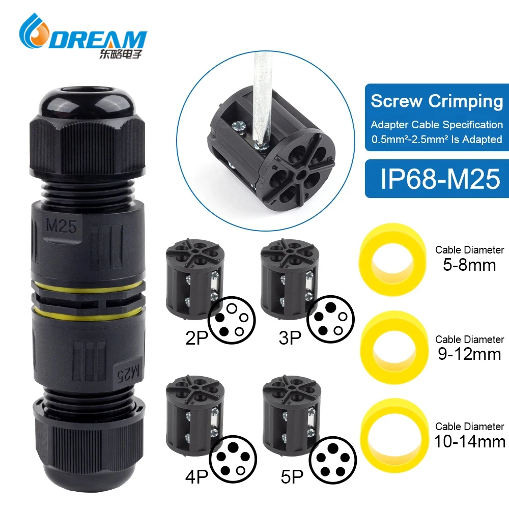 2-Pin IP68 Waterproof Wire Connector – Heavy Duty 40A 450V, Fits 5-14mm Cables, Outdoor Rated