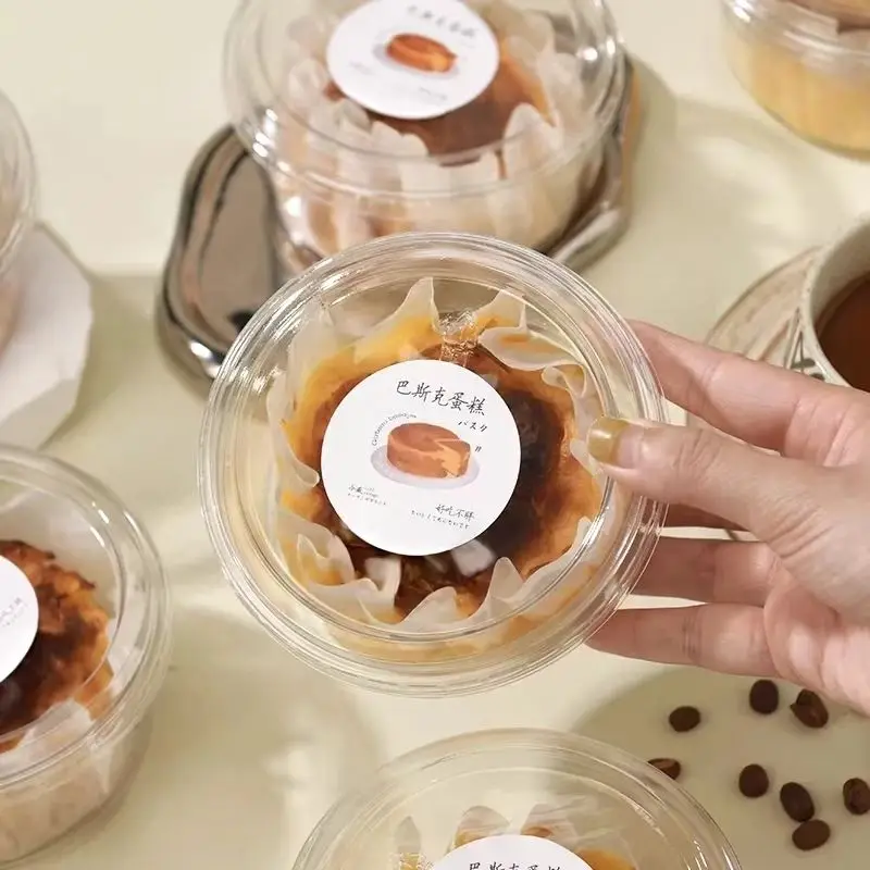 Crystal Transparent Hard PET Plastic Small Dessert Basque Cake Container Round Mousse Cake Packaging Box for Food Use
