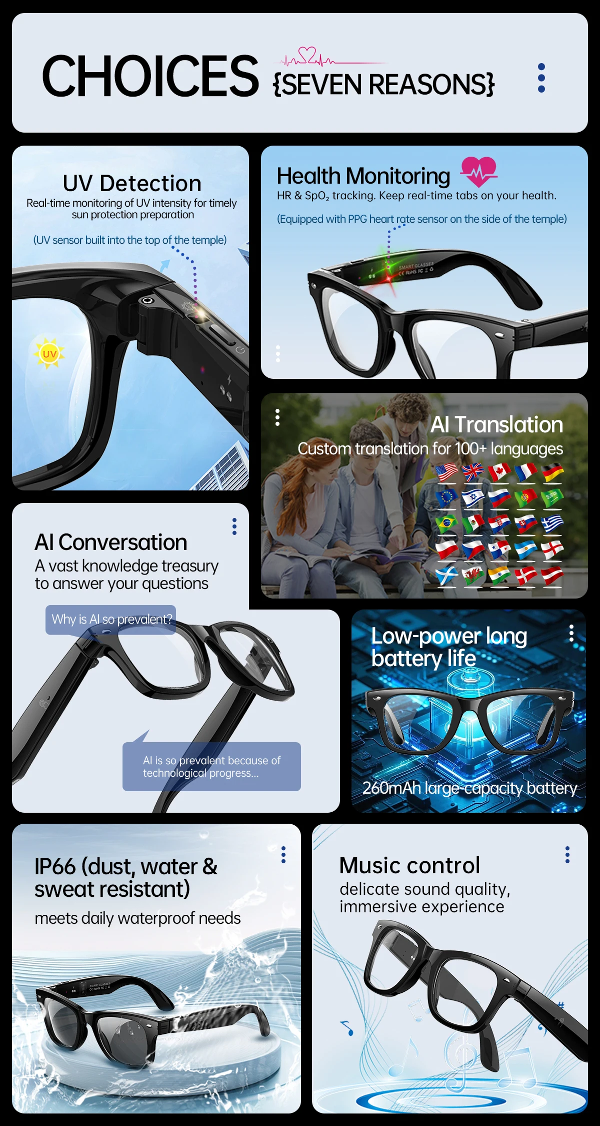 Chinese factory supplier supply W300 Ai Smart Glasses Uv Protection Ai Translation Heart Rate Health Monitoring Step Count Outdoor Sunglasses Smart Wearable Headset - Buy Smart Glasses smart Wearable Headset smart Sunglasses