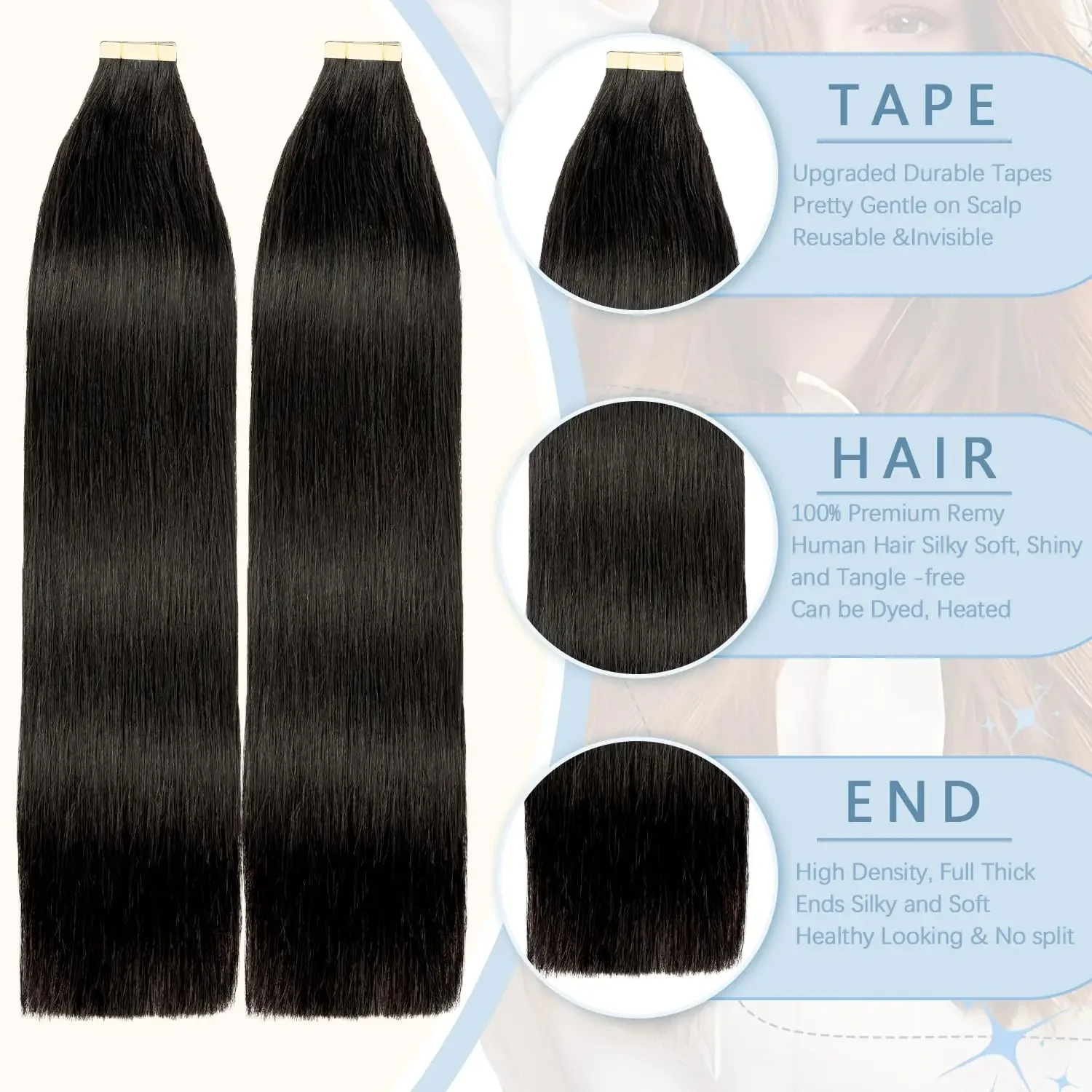 Tape In Extensions aus Echthaar, natürliche Farbe, glatt, Remy-Haartresse, selbstklebend, hohe Qualität, Nr. 1B, für den Salon_voghion.com