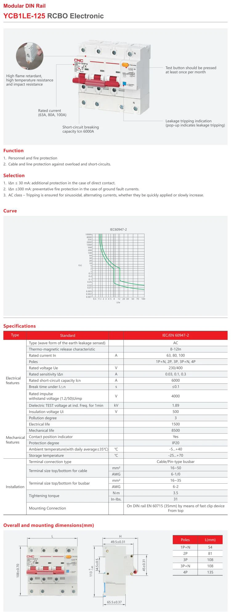 YCB1LE-125 Series 63A 80A 100A Residual Current Breaker AC 230/400V 6KA ...